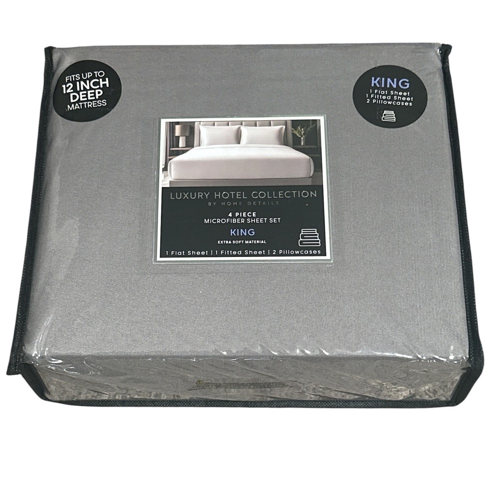 NWT, Luxury Hotel Collection 4 Piece Microfiber Sheet Set King Grey